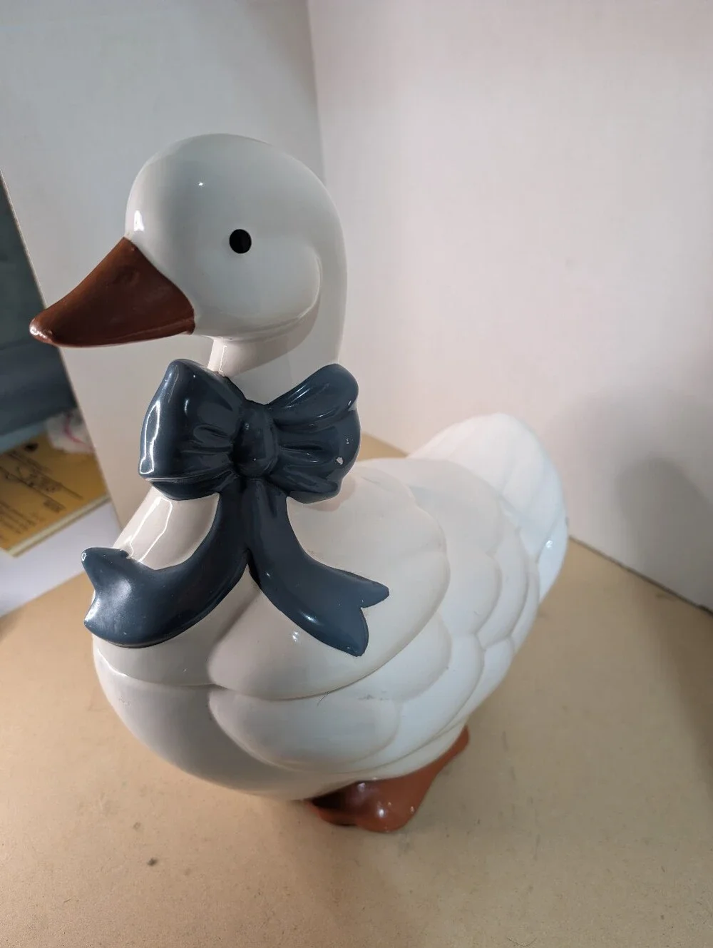 Goose Cookie Jar Blue Bow VTG Grandma Core Cottage Decor 80s Kitchen Ceramic
